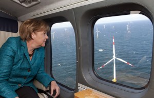 ZINGST, GERMANY - MAY 02:  In this photo provided by the German Government Press Office German Chancellor Angela Merkel attends a helicopter flight over Germany's first commercial offshore wind farm on May 2, 2011 in the Baltic Sea near Zingst, Germany. German Chancellor Angela Merkel has vowed to invest heavily into offshore wind farms as part of an overall policy to encourage renewable energy production. EnBW Offshore Windpark Baltic 1 begins operation today.  (Photo by Guido Bergmann/Bundesregierung-Pool via Getty Images)